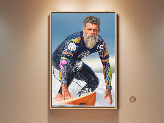 Vintage surfer wall artwork adds ocean action to your decor. The canvas art print features a surfer riding a wave. It is perfect gift for surfers. A modern realism style for your man cave.