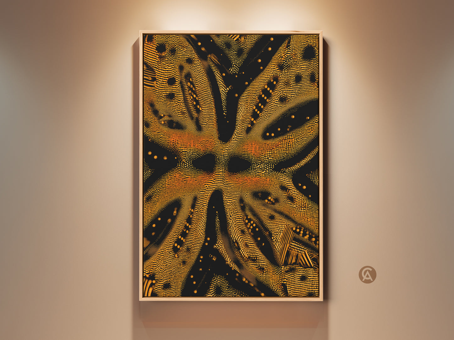 This is a framed goldenrod and black abstract art. The geometric dotted artwork is a contemporary piece for office or home. The textured canvas print adds a modern touch to the wall. It is a unique and upscale wall decor.