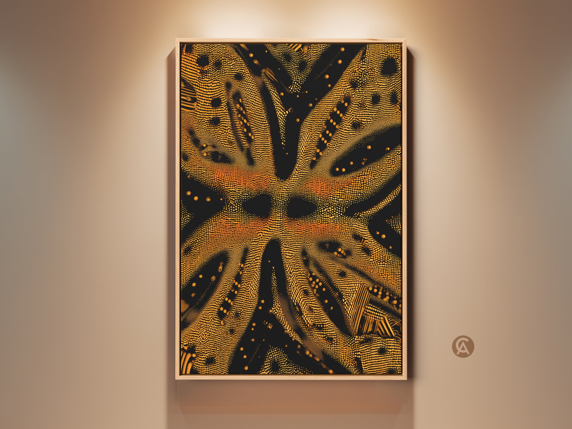 This is a framed goldenrod and black abstract art. The geometric dotted artwork is a contemporary piece for office or home. The textured canvas print adds a modern touch to the wall. It is a unique and upscale wall decor.