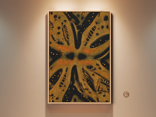 This is a framed goldenrod and black abstract art. The geometric dotted artwork is a contemporary piece for office or home. The textured canvas print adds a modern touch to the wall. It is a unique and upscale wall decor.