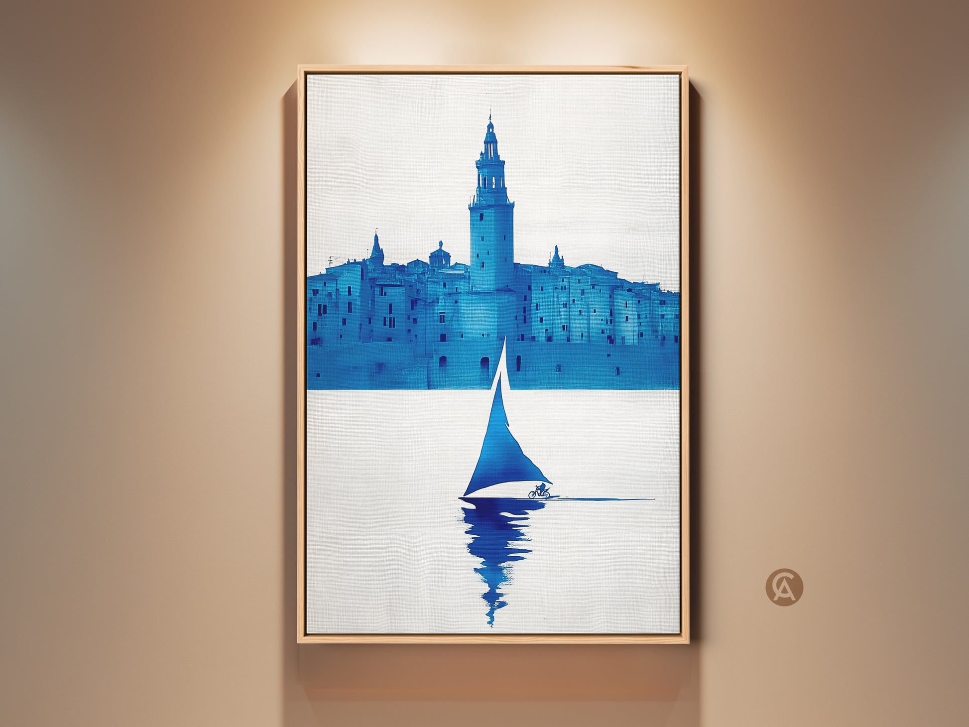 Gallery view of a minimalist sailboat canvas print. The deep blue cityscape art adds a touch of nautical charm. Perfect housewarming gift for travelers seeking contemporary blue art for their entry hall.