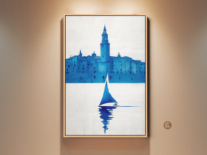 Gallery view of a minimalist sailboat canvas print. The deep blue cityscape art adds a touch of nautical charm. Perfect housewarming gift for travelers seeking contemporary blue art for their entry hall.