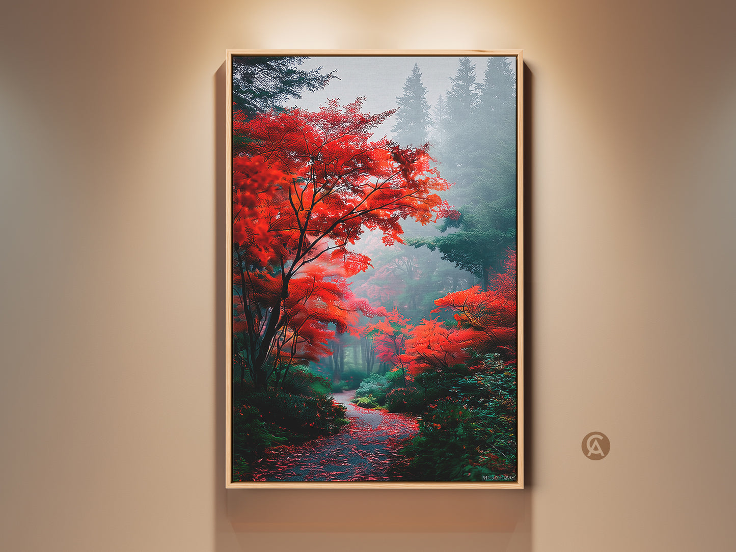 A framed fine art print showcases a vibrant autumn forest scene. Red leaves adorn the trees lining a path into a misty forest. The artwork is displayed against a neutral wall. Perfect wall decor to bring nature indoors.