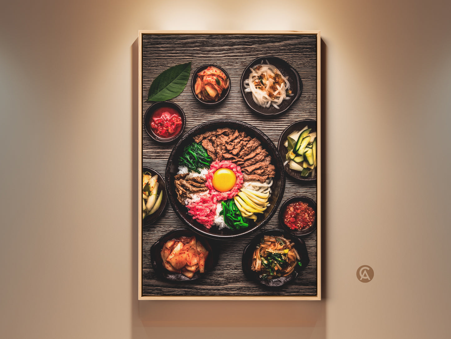Framed realistic Bibimbap art print Korean gourmet food photography Contemporary kitchen wall decor. The print features rich brown yellow and red tones. This contemporary artwork brings authentic Korean cuisine to your home.