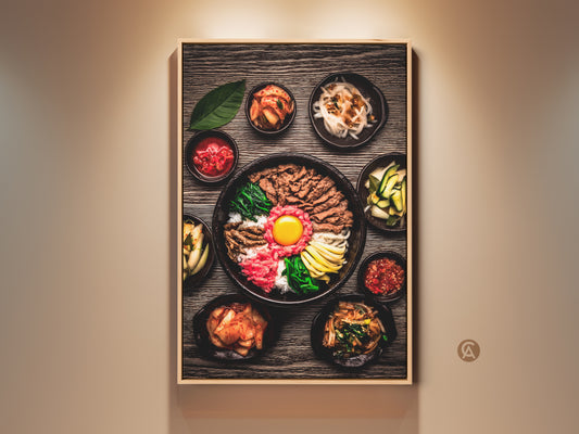 Framed realistic Bibimbap art print Korean gourmet food photography Contemporary kitchen wall decor. The print features rich brown yellow and red tones. This contemporary artwork brings authentic Korean cuisine to your home.