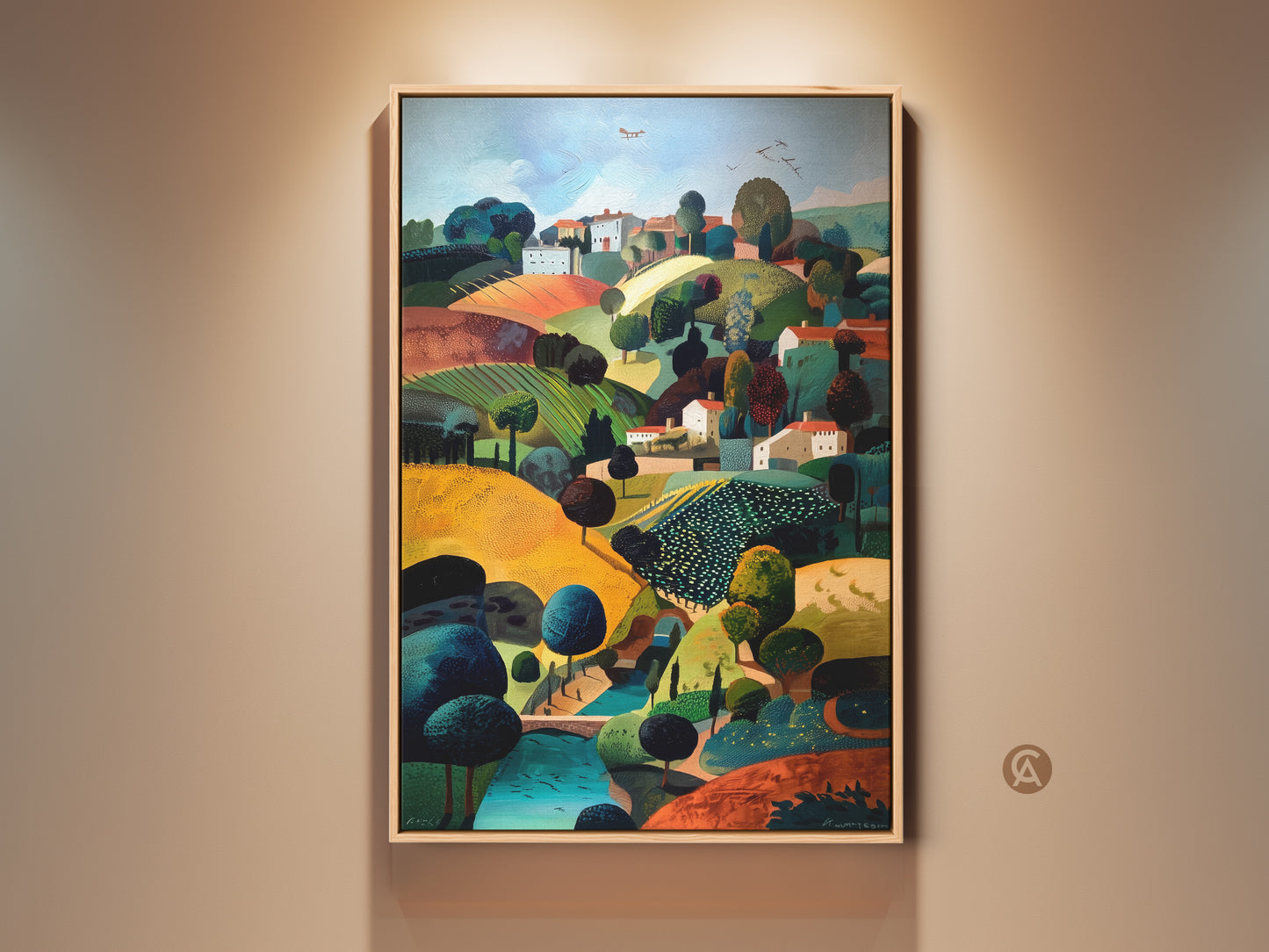 Charming countryside village landscape art print. This folk naive style artwork features a golden emerald teal color palette. It's travel inspired wall decor perfect as a housewarming gift. The rolling hills and rural scene evoke a sense of pastoral tranquility. This eclectic piece adds a unique touch to any home decor.