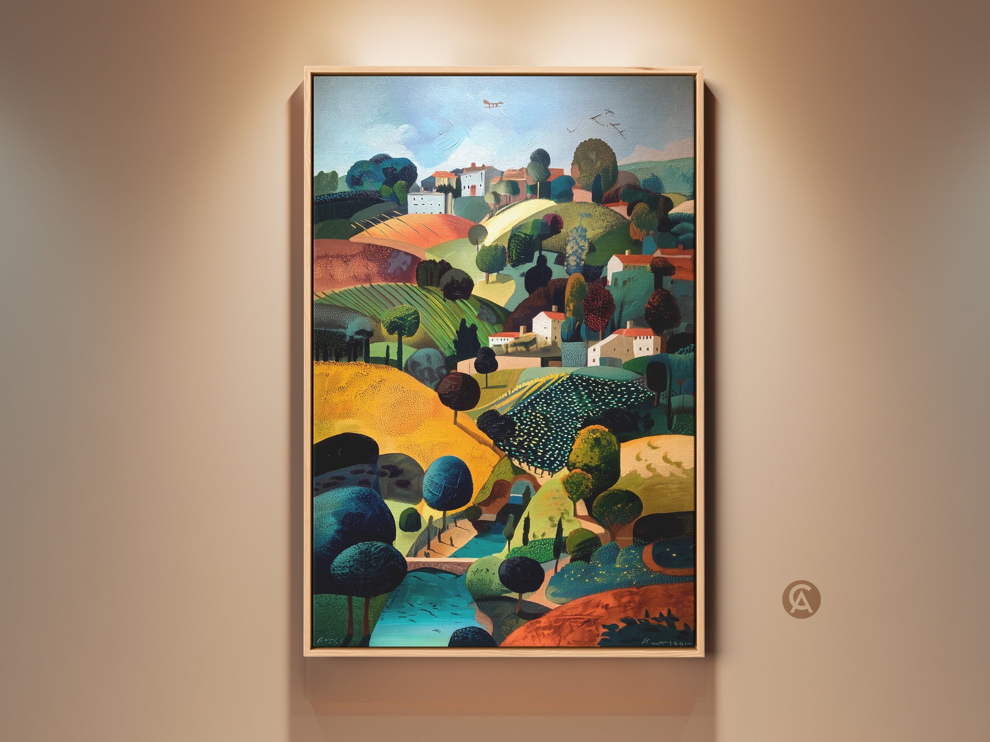 Charming countryside village landscape art print. This folk naive style artwork features a golden emerald teal color palette. It's travel inspired wall decor perfect as a housewarming gift. The rolling hills and rural scene evoke a sense of pastoral tranquility. This eclectic piece adds a unique touch to any home decor.