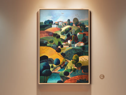 Charming countryside village landscape art print. This folk naive style artwork features a golden emerald teal color palette. It's travel inspired wall decor perfect as a housewarming gift. The rolling hills and rural scene evoke a sense of pastoral tranquility. This eclectic piece adds a unique touch to any home decor.