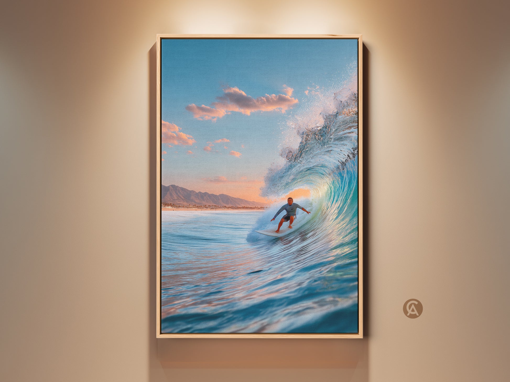 Framed surfer artwork on a wall. The surfer rides a blue ocean wave. The art is matted with a natural wood frame. The photo has a coastal feel. Perfect for beach decor.