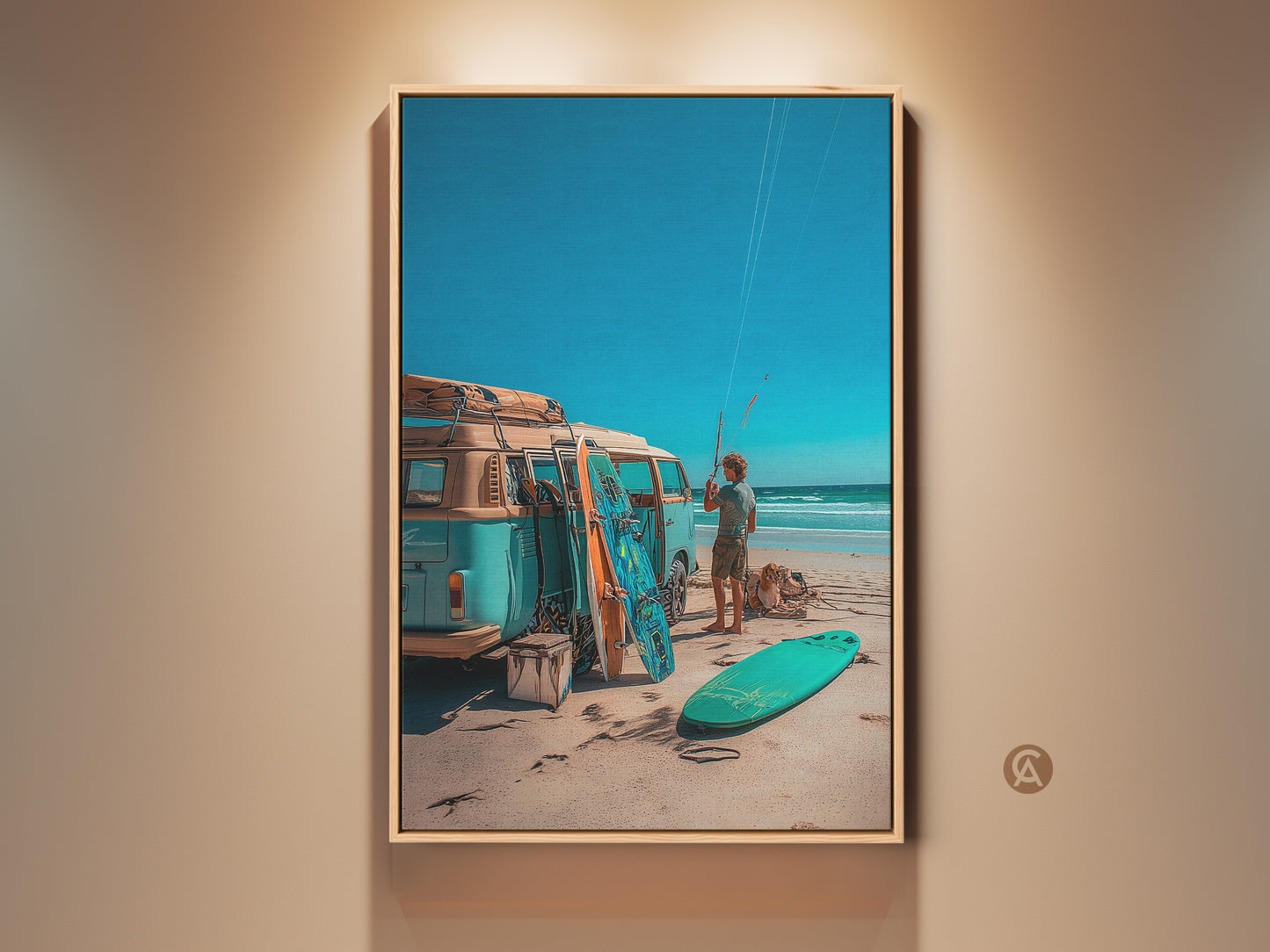 Framed artwork of a vintage VW bus at the beach. Surfboards are propped next to the vehicle. A man stands on the sand holding a kite. The blue sky meets the ocean horizon. A perfect surfing scene for beach lovers.