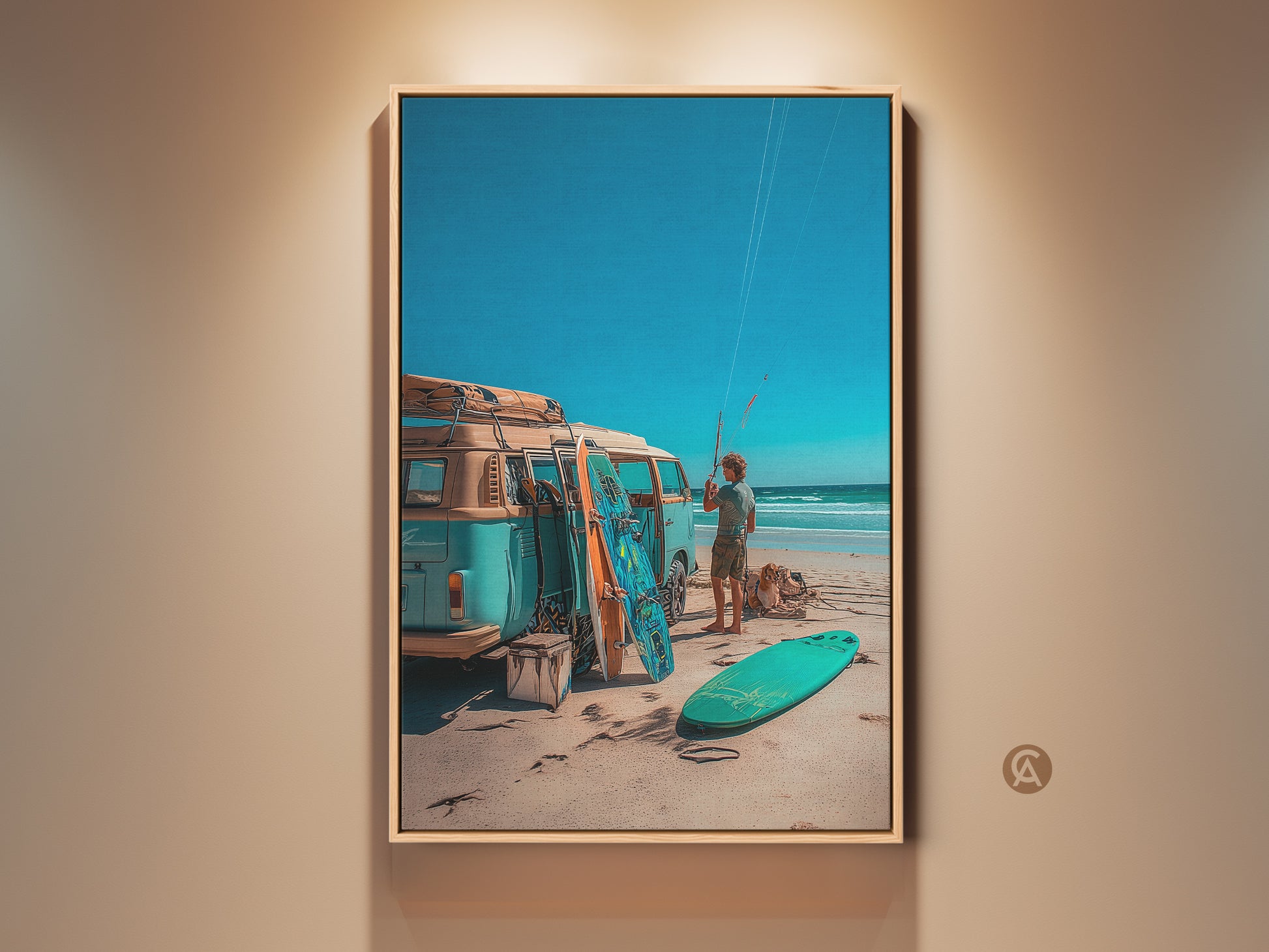 Framed artwork of a vintage VW bus at the beach. Surfboards are propped next to the vehicle. A man stands on the sand holding a kite. The blue sky meets the ocean horizon. A perfect surfing scene for beach lovers.