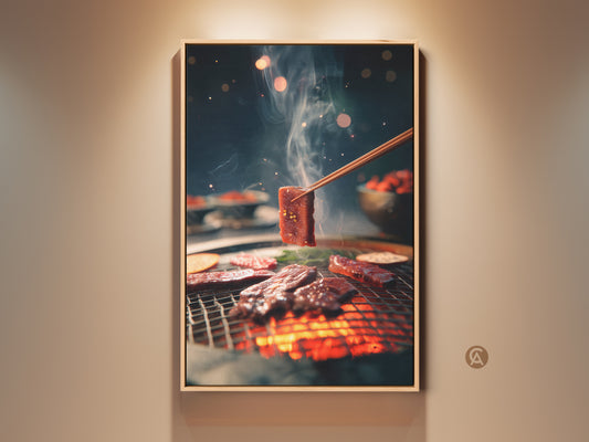 A captivating framed canvas print showcases delicious BBQ. The artwork features a close-up of sizzling meat on a grill. Smoke rises around the piece being lifted with chopsticks. Perfect art for adding a culinary touch to your kitchen or dining area. This is a must-have for food art collectors.