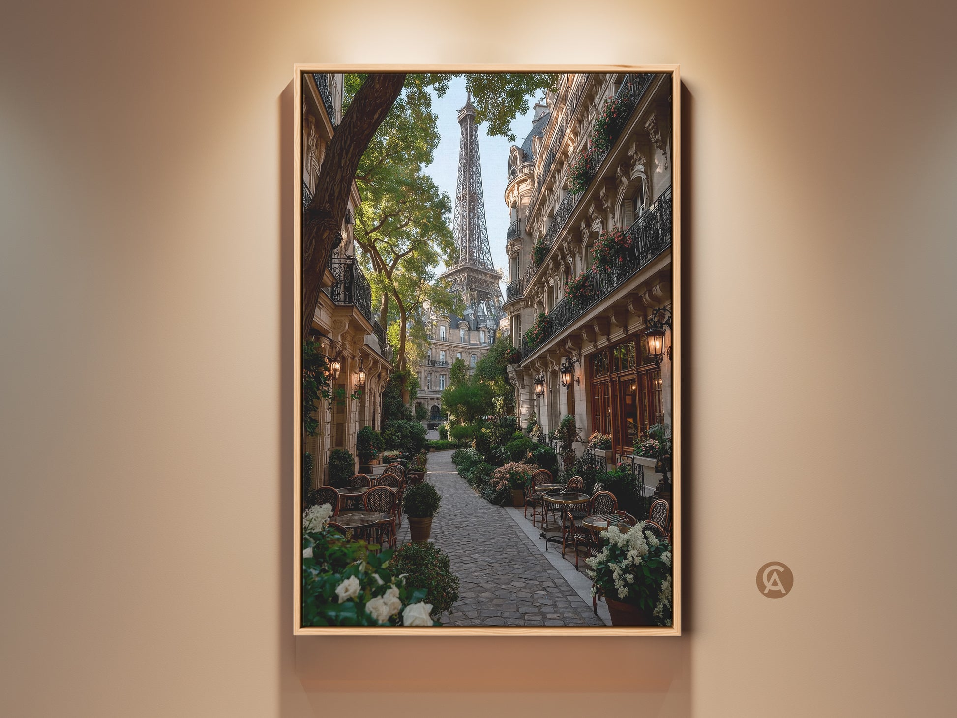 Framed Eiffel Tower Paris artwork. The photorealistic art print shows a French cafe street scene. Beige and green tones enhance this contemporary wall art. A perfect home decor gift for Francophiles.