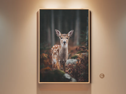 Rustic Fawn Forest Canvas Print on display. This photorealistic wildlife art brings nature indoors. The brown frame enhances the rustic woodland theme. A perfect gift for animal lovers adding natural charm to any room.