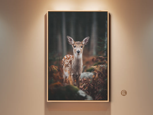 Rustic Fawn Forest Canvas Print on display. This photorealistic wildlife art brings nature indoors. The brown frame enhances the rustic woodland theme. A perfect gift for animal lovers adding natural charm to any room.