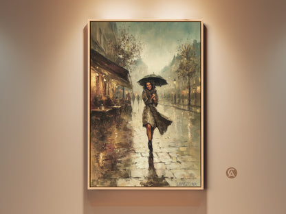Charming Paris cafe canvas artwork with woman holding umbrella. Teal yellow brown art in an Impressionist style. Perfect anniversary gift for Francophiles. Parisian street scene adds European elegance to any room. Classic cityscape art print evokes a rainy day mood.