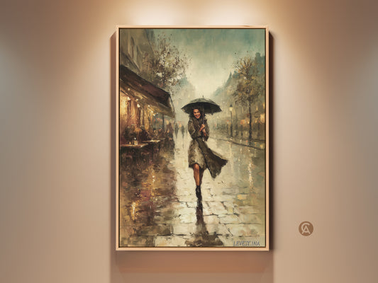 Charming Paris cafe canvas artwork with woman holding umbrella. Teal yellow brown art in an Impressionist style. Perfect anniversary gift for Francophiles. Parisian street scene adds European elegance to any room. Classic cityscape art print evokes a rainy day mood.