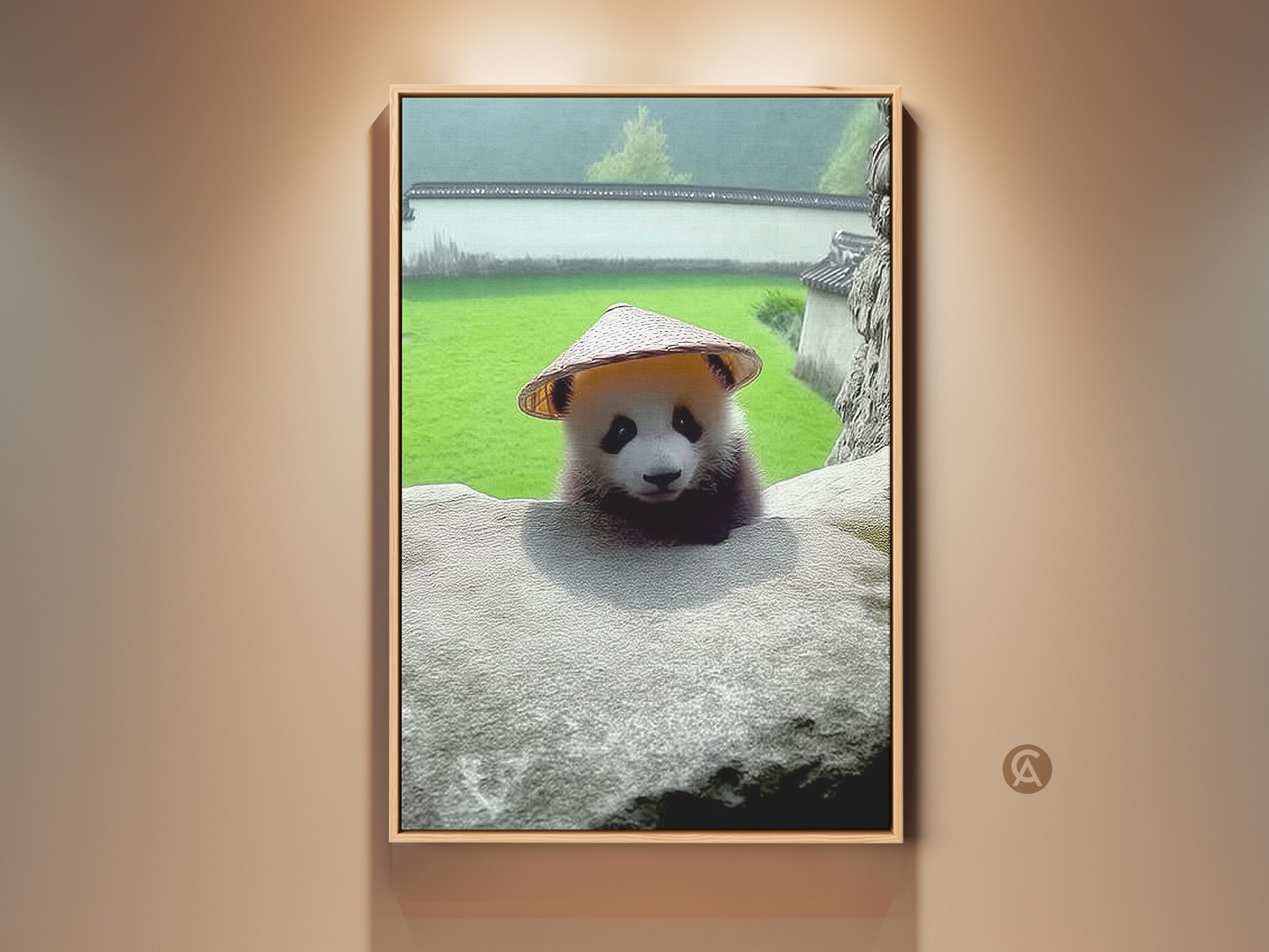 Framed Panda Canvas Print. This nursery art features a cute baby animal. The wall decor shows a conical hat panda photo. It is nature and culture artwork. Black white and green art print.