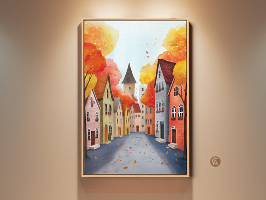 Charming European street scene watercolor art print. The artwork features colorful fall leaves and quaint townhouses. This eclectic home decor art brings warmth to any space. Perfect as wall art for a cozy living room or entryway. A thoughtful housewarming gift for new homeowners. The art print captures autumn vibes.