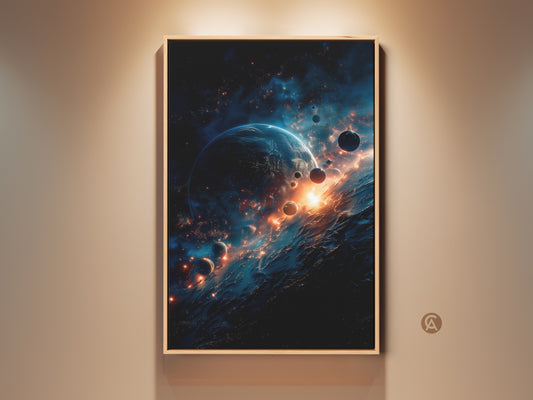 Framed cosmic artwork features a vibrant space scene. A large blue planet is surrounded by smaller celestial bodies. Fiery orange light illuminates the textured terrain below. This framed art print adds depth and wonder to any wall decor. Perfect for space enthusiasts.