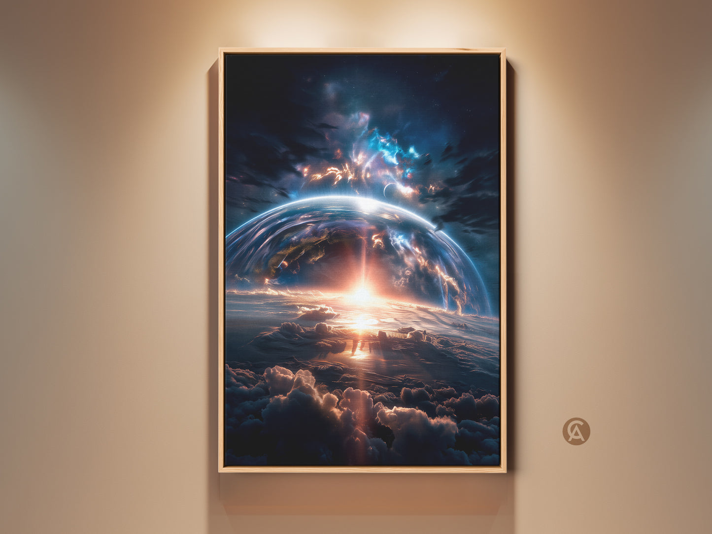 Framed artwork of an ethereal earthrise above clouds. A golden glow pierces through the atmosphere. This space art print captures cosmic beauty. Perfect for living room or office wall decor. Add a touch of celestial wonder to your home with this captivating piece.