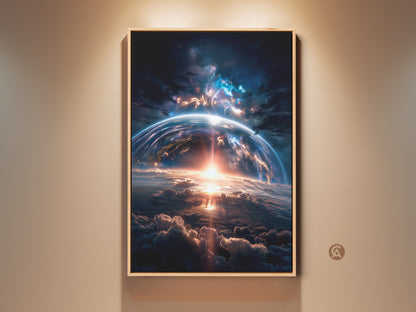 Framed artwork of an ethereal earthrise above clouds. A golden glow pierces through the atmosphere. This space art print captures cosmic beauty. Perfect for living room or office wall decor. Add a touch of celestial wonder to your home with this captivating piece.