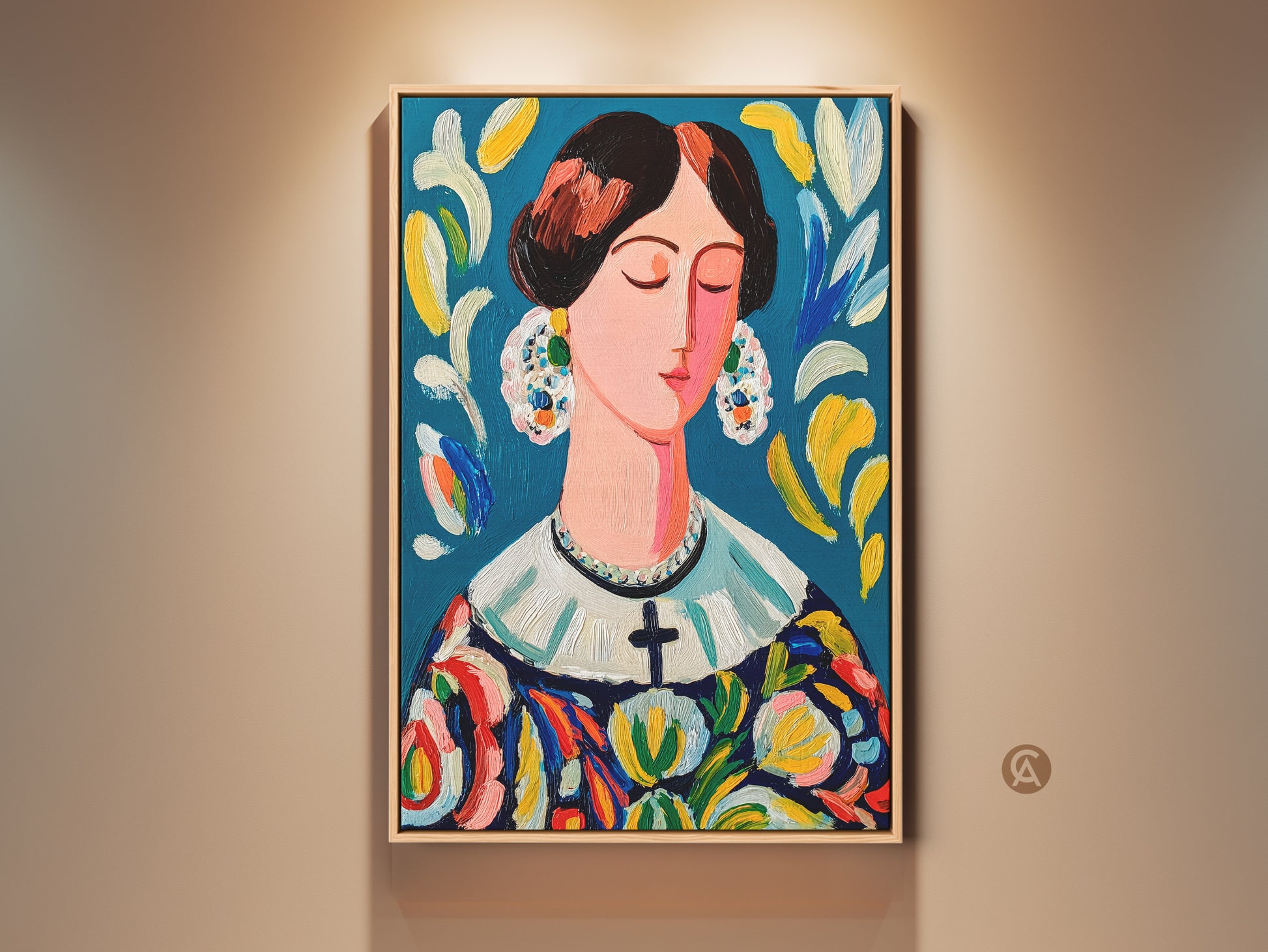 Captivating woman portrait artwork. Gallery ambiance with warm lighting. The painting features a lady with closed eyes. She has a colorful dress and ornate earrings. A unique piece for art collectors seeking elegance and style.