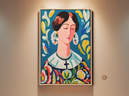 Captivating woman portrait artwork. Gallery ambiance with warm lighting. The painting features a lady with closed eyes. She has a colorful dress and ornate earrings. A unique piece for art collectors seeking elegance and style.