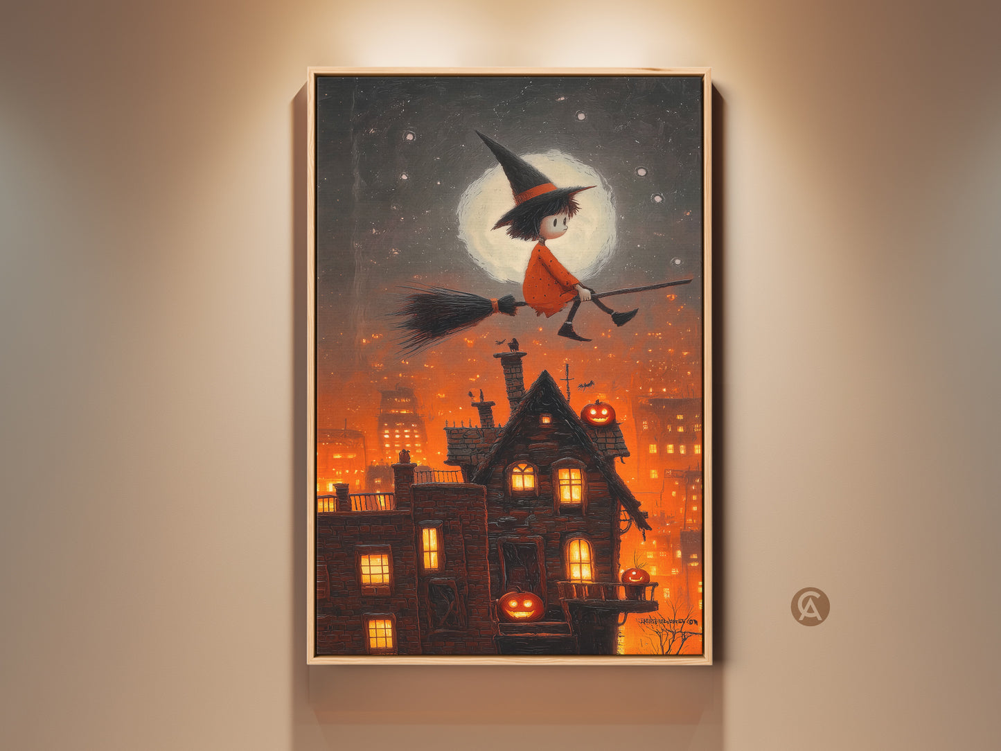 This Halloween Art Print features a charming witch flying over a darkened cityscape. Jack-o'-lanterns and a full moon light up this fantasy spooky fun art. The dark orange and black color palette evokes a sense of autumnal magic. Ideal for a child's room or any Halloween enthusiast's decor.