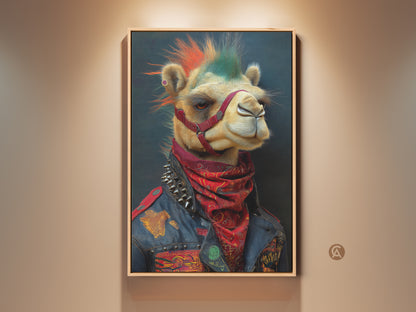 This framed canvas art features a punk camel with a mohawk and studded jacket. It's a unique addition to eclectic office decor. The red and tan colors with dark blue accents make it a striking piece. Ideal for music lovers and anyone who appreciates surreal animal art. A perfect alternative wall hanging for edgy home decor.