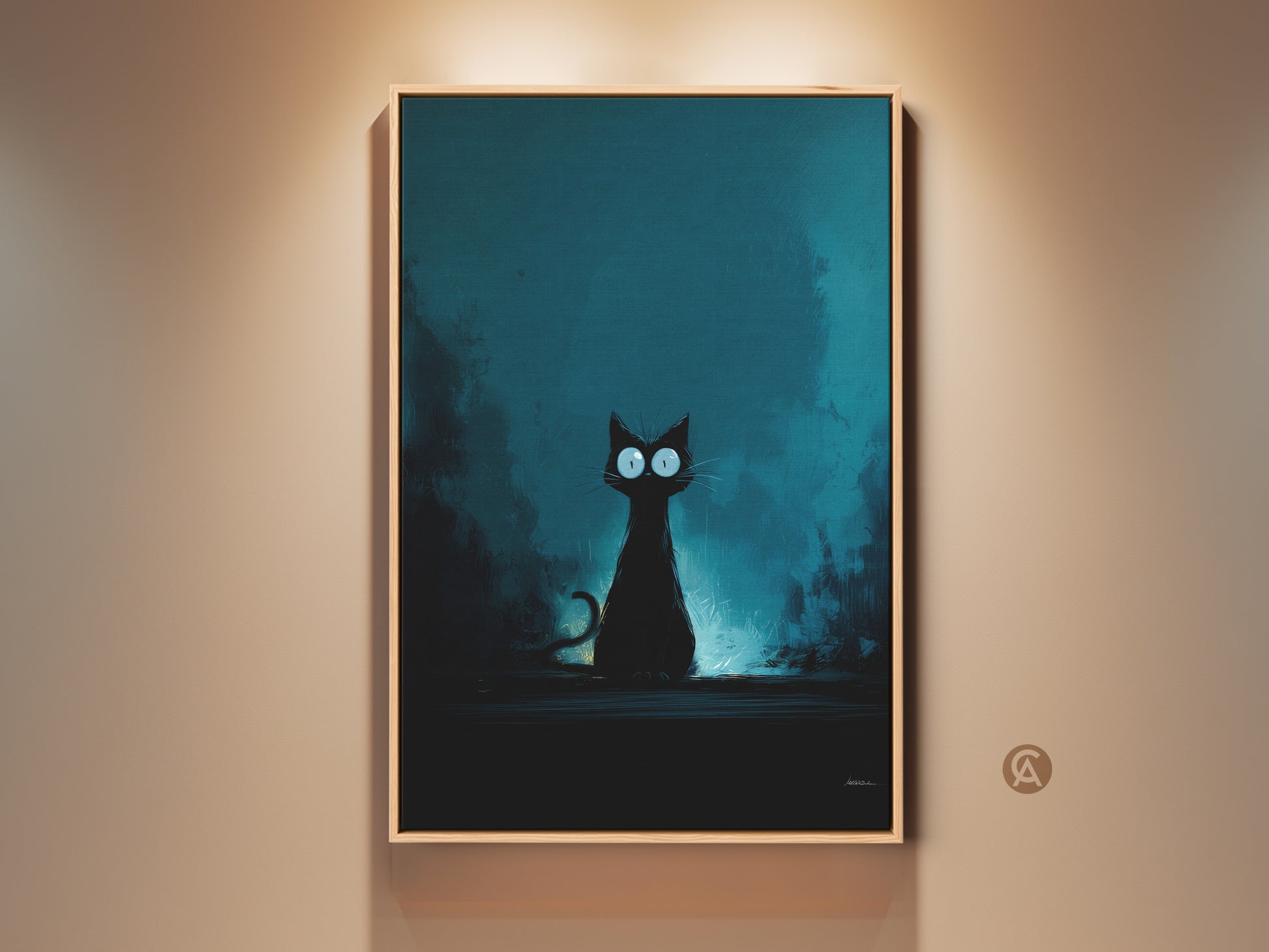 Framed black cat art print on a beige wall. This dark fantasy cat artwork features big eyes and a deep teal background. A unique Halloween gift for cat lovers. The feline canvas adds eclectic home decor art to any space.