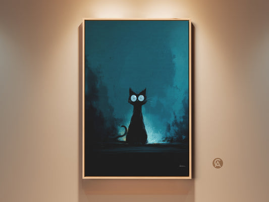 Framed black cat art print on a beige wall. This dark fantasy cat artwork features big eyes and a deep teal background. A unique Halloween gift for cat lovers. The feline canvas adds eclectic home decor art to any space.
