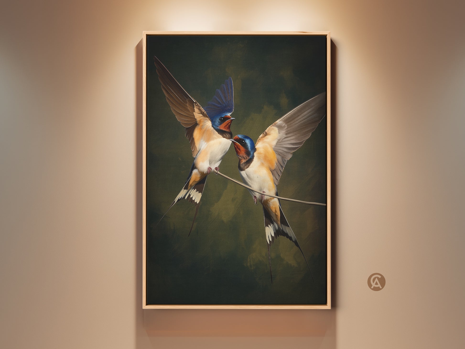 Realistic swallow bird art displayed in a traditional frame. Classical nature wall decor showcasing brown blue and green tones. This wildlife artwork is a perfect traditional home decor gift. Fine art nature print for bird lovers adding elegant wildlife decor to any room. A rich color palette print that captures the beauty of ornithology wall art.