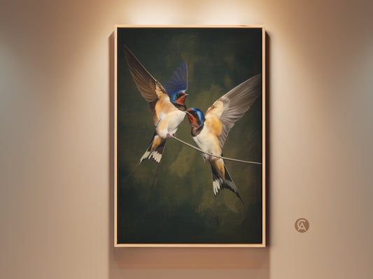 Realistic swallow bird art displayed in a traditional frame. Classical nature wall decor showcasing brown blue and green tones. This wildlife artwork is a perfect traditional home decor gift. Fine art nature print for bird lovers adding elegant wildlife decor to any room. A rich color palette print that captures the beauty of ornithology wall art.