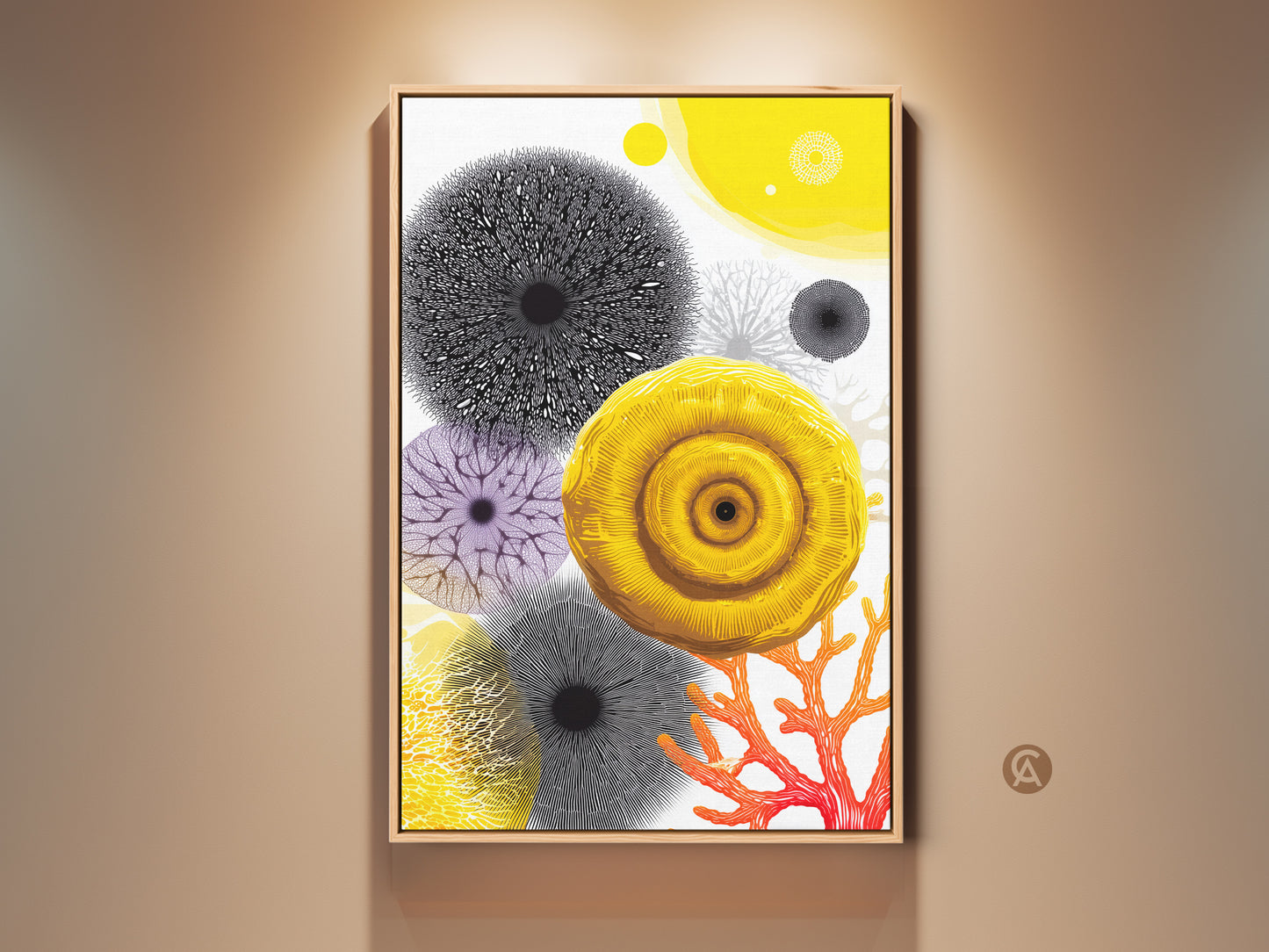 Contemporary abstract botanical art in yellow orange and purple tones. It is a framed canvas print. Perfect organic modern decor for ocean lovers. It’s a unique housewarming gift artwork.