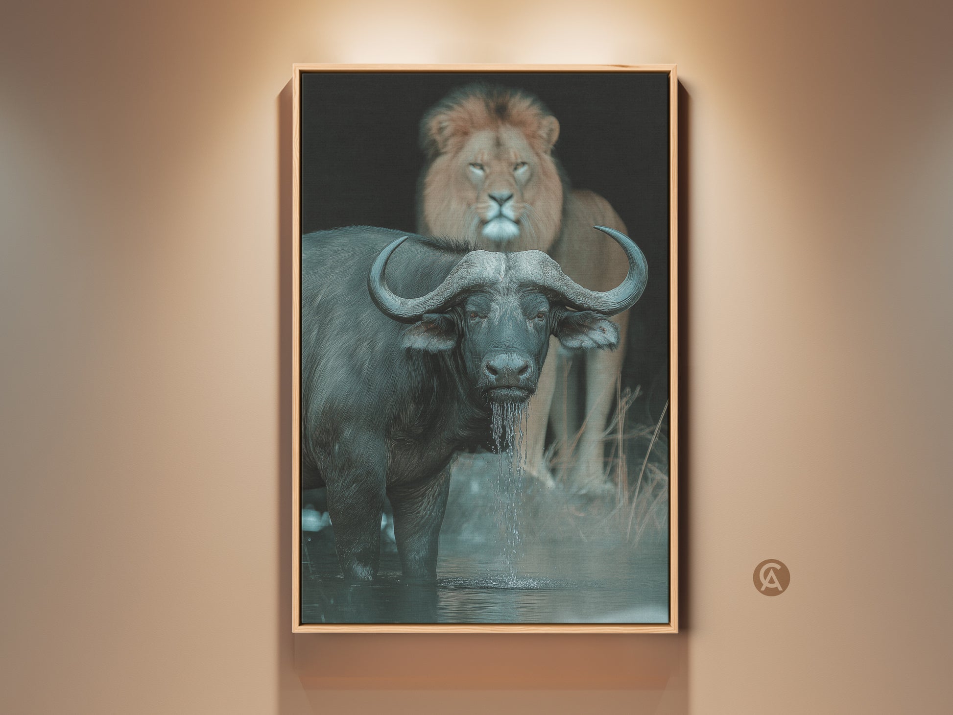 A captivating wildlife canvas print shows a buffalo and lion. The art features rich browns greys and dark teal tones. This striking piece adds a wild touch to any office or study. It's perfect for eclectic nature-inspired decor and is an ideal gift for wildlife lovers. The African animal photography brings savanna beauty to your walls.