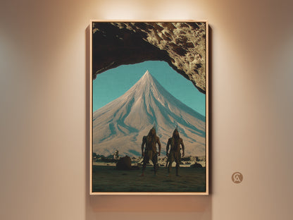 Surreal fantasy landscape art print featuring tribal warriors. The canvas showcases an earth tones adventure artwork. A mountain peak scene art with tribal hunter art. Ideal office or study room decor. A perfect gift for fantasy lovers.
