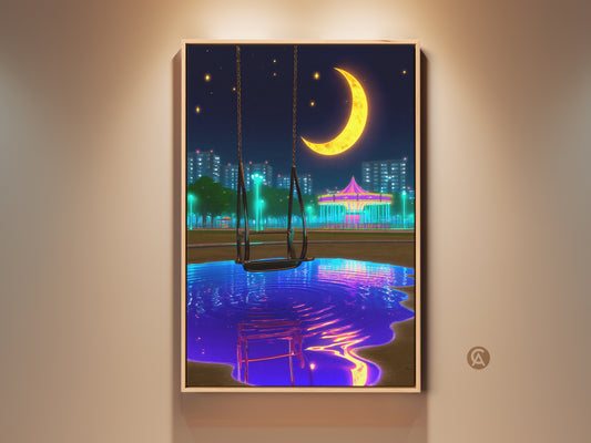 Surreal nightscape art print featuring a crescent moon and carousel. This eclectic bedroom wall art has a vaporwave aesthetic. The blue and yellow tones make it a perfect gift for anime fans or unique home decor. The dreamy urban scene is modern and captivating.