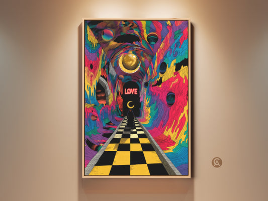 A vibrant psychedelic surrealism canvas artwork featuring an abstract tunnel vision. A chessboard path leads toward the word 'LOVE'. This colorful trippy poster uses blues yellows and pinks. Perfect eclectic wall decor for art lovers. A unique housewarming present abstract.