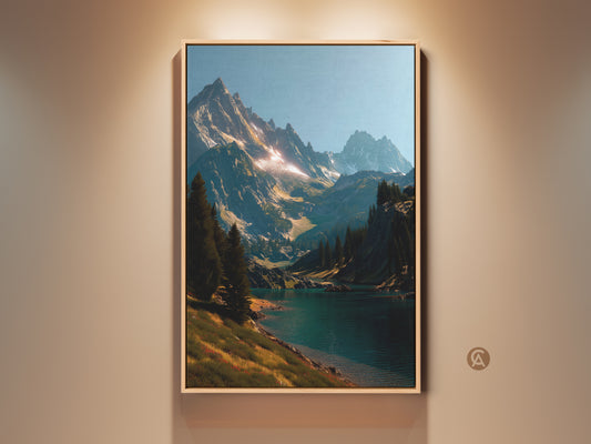Framed mountain landscape artwork. A serene lake reflects the majestic peaks. Sunlight kisses the mountain tops. Lush trees frame the scene. This art print brings nature's beauty indoors. Perfect for adding a touch of tranquility to any room Decorate your walls with this stunning art.