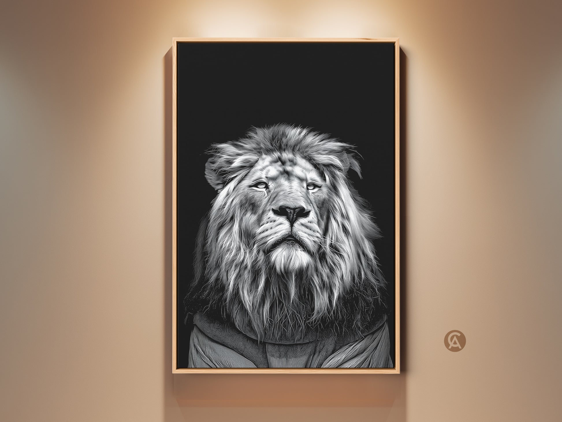 Realistic monochrome lion portrait in a wood frame. This wildlife animal art is perfect for office study or home decor. The black and white lion canvas adds a modern touch. It is a great gift for animal lovers. This king of jungle artwork enhances any mens room or safari themed decor.