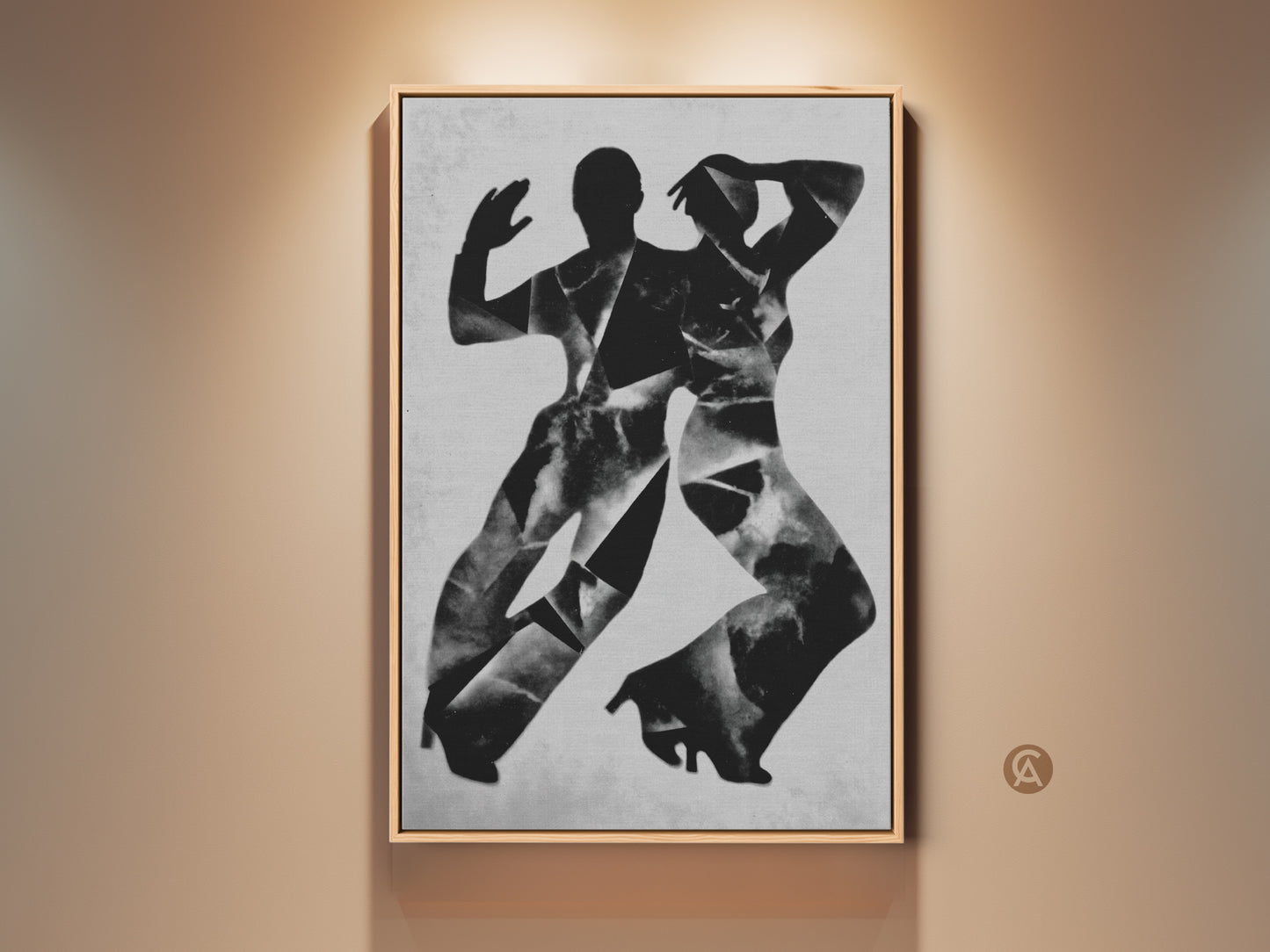 Stretched canvas featuring monochrome dancers wall art. The gallery wrap has mirror edges. This abstract figures canvas print is ready to hang. A perfect contemporary dance art for modern living room decor.