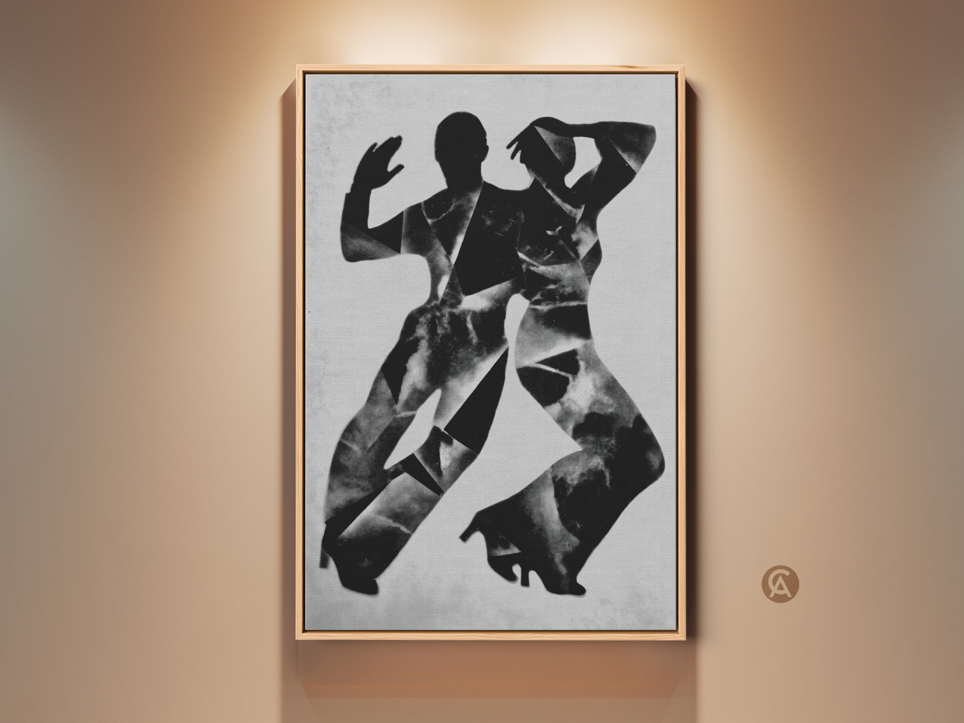 Stretched canvas featuring monochrome dancers wall art. The gallery wrap has mirror edges. This abstract figures canvas print is ready to hang. A perfect contemporary dance art for modern living room decor.