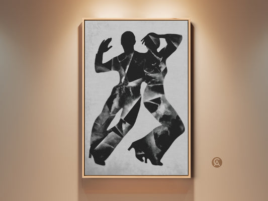 Stretched canvas featuring monochrome dancers wall art. The gallery wrap has mirror edges. This abstract figures canvas print is ready to hang. A perfect contemporary dance art for modern living room decor.