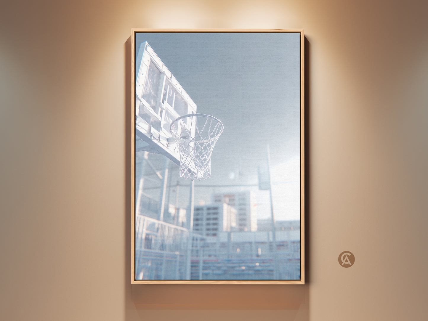 Framed basketball hoop art print. The low angle shot captures the net. Sunlight shines through the clear backboard. Find art prints for sports fans. This artwork is ready to hang.