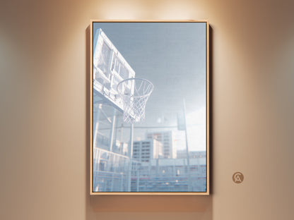 Framed basketball hoop art print. The low angle shot captures the net. Sunlight shines through the clear backboard. Find art prints for sports fans. This artwork is ready to hang.