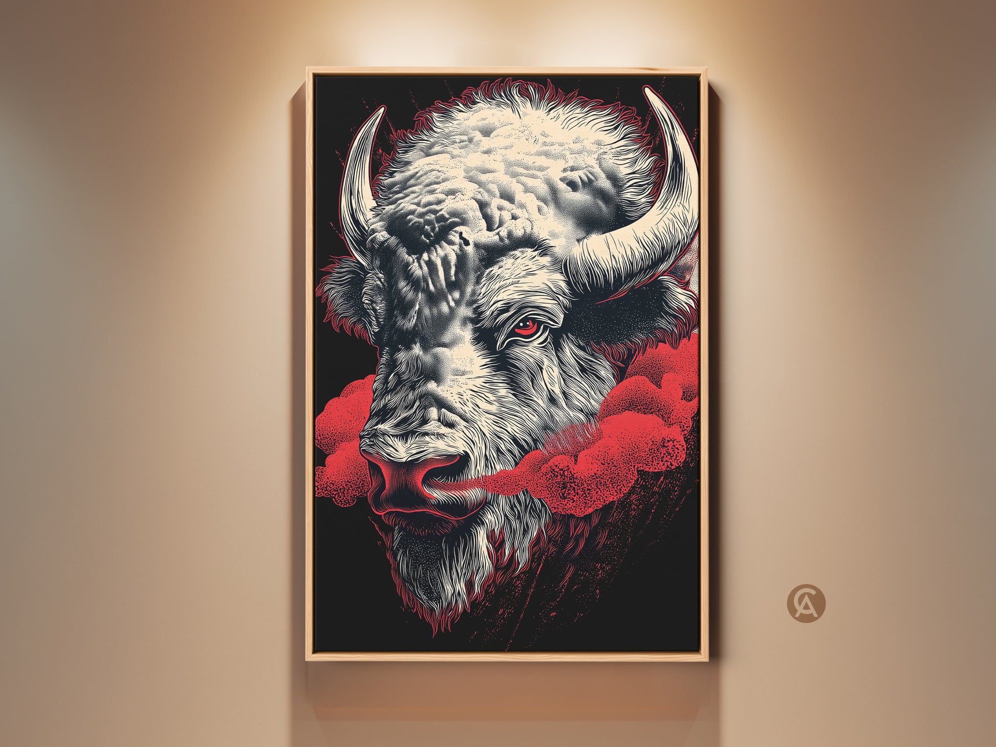 Framed buffalo canvas print for modern farmhouse decor. This wildlife art features a bison head in an ink drawing style. The red eye and cloud accents pop against the cream and black palette. A unique masculine gift for a den or man cave.