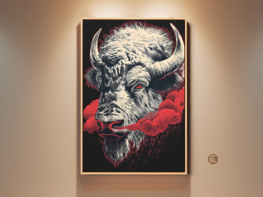 Framed buffalo canvas print for modern farmhouse decor. This wildlife art features a bison head in an ink drawing style. The red eye and cloud accents pop against the cream and black palette. A unique masculine gift for a den or man cave.