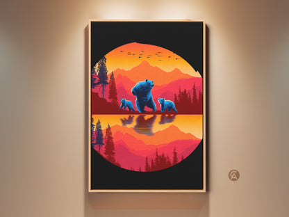 Blue Bear Family art print displayed in a frame. It showcases a retro mountain landscape canvas. The nature wildlife wall decor creates a modern farmhouse feel. It's an outdoor lover gift a unique animal landscape art.