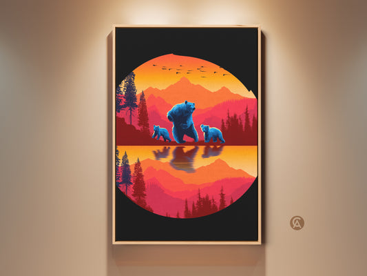Blue Bear Family art print displayed in a frame. It showcases a retro mountain landscape canvas. The nature wildlife wall decor creates a modern farmhouse feel. It's an outdoor lover gift a unique animal landscape art.